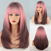 Hooux Long Straight Ombre Synthetic Wigs With Bangs For Women Brown Pink Wavy Wigs Cosplay Party Heat Resistant Hair