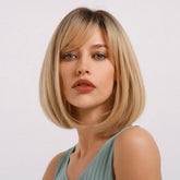 Hooux Synthetic Hair Brown Ombre to blonde Medium Long Straight Bob Wig with Bangs for Women Natural Cosplay Wigs Heat Resistant