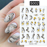 Hooux 1 Sheet 3D Nail Sticker Blooming Ink Marble Flower Leaves Line Sliders French Tip Nails Decals Sticker DIY Decoration