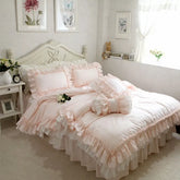Hooux Super Sweet Solid Color Bedding Sets Luxury Princess Wedding Pink Lace Ruffle Cotton Duvet Cover Bedspread Bed Skirt Pillowcases