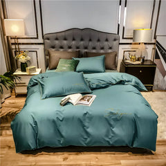 Hooux Four-piece bedding simple cotton double household bed sheet quilt cover embroidered twill comfortable bedding light blue