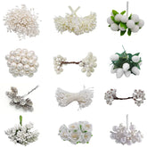Hooux White Theme Artificial Flower Cherry Stamen Berries Bundle DIY Christmas Decoration Wedding Cake Gift Box Wreaths Xmas Decor