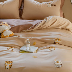 Hooux Cute Cartoon Tiger Towel Embroidered Cotton Four-Piece Set 100 Long-Staple Cotton Quilt Cover Bed Sheet Fitted Sheet Bedding Set