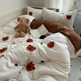 Hooux Spring and Summer Ins Girl's Heart Maillard Coffee Bear Towel Embroidered Washed Cotton Bed Sheet 1.5M Three Or Four-Piece Set 1.8
