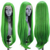 Hooux Green Color Straight Glueless Synthetic Hair Lace Front Wig For Black Women High Temperature Fiber Natural Hairline Cosplay
