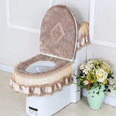 Hooux 3PCS Velvet Skirt Style Toilet Mat Embroidered Lace Decorated Toilet Seat Mat Printed Dust Cover of Toilet Closestool
