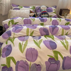 Hooux Tulips Duvet Cover Set with Flat Sheet Pillowcases Fashion Twin Double Queen Size Bed Linen Soft Boys Girls Bedding Kit