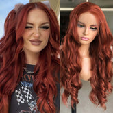Hooux Copper Red Wig Long Wavy Synthetic Lace Front Wig Glueless Frontal Reddish Brown Hair Colored Lace Wigs for Women Party Cosplay