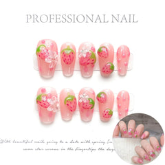 Hooux Pink Strawberry Press on Nails Handmade Flower Fake Nails Gradient Color Medium Length Square False Nails for Women Girls