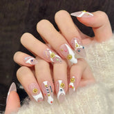 Hooux 10pcs Icy Pink Diamond-Encrusted Handmade Press on Nails Simple Lines False Nail for Women&Girl Removable Wearable Fake Nail