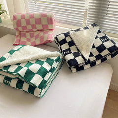 Hooux Vintage Checkerboard Blanket Lamb Fleece Blanket Autumn and Winter Warm Fleece Blanket Nordic Sofa Nap Blanket