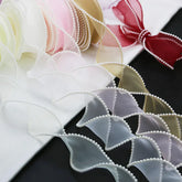 Hooux (5yards/roll)4cm Pearl Edge Organza Ribbon Wave Silk Lace Children Hair Accessories Lolita Handmade Decorative Gift Box Wedding