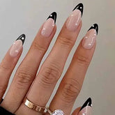 Hooux 24Pcs Simple Round Head Fake Nails Long Almond False Nails with Rhinestone Black French Wearable Press on Nails Manicure Tips