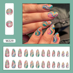 Hooux 24Pcs/Lot Almond False Nails with Snake Glitter Design French Stiletto Full Cover Fake Nails DIY Manicure Press on Nail Art Tips