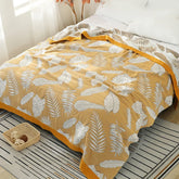 Hooux Textile City Patterned Leaves Yellow Cotton Gauze Throw Blanket 5-layer Gauze Towel Quilt Soft Comfy Home Blanket 200x230cm