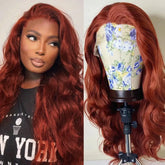 Hooux Reddish Brown Wig Body Wave Synthetic Lace Front Wig Glueless Auburn Colored Copper Red Hair Frontal Lace Wigs for Women