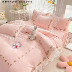 Hooux Princess Style Korean Bed Skirt Bed Sheet Embroidered Ruffle Lace Quilt Cover Ins Bedding For Girls Luxury Home Textiles
