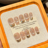 Hooux 10Pcs Mid-length Handmade Fake Nail Full Cover Retro Brown Leopard Print Rhinestone French Square Ballet Press on Nails Tips Art