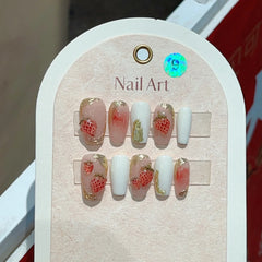 Hooux Pink Strawberry Press on Nails Handmade Flower Fake Nails Gradient Color Medium Length Square False Nails for Women Girls