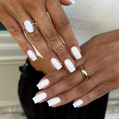 Hooux 24Pcs Short Square Head Nails Set with Jelly Glue Simple White French Design False Nails Wearable Finished Press on Fake Nails