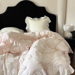 Hooux Princess Style 3D Flower Bedding Set 100 Thread Count Autumn and Winter Cotton Duvet Cover Solid White Quilt Covers with Ruffles