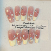 Hooux 10Pcs Handmade Press on Nails Full Cover Sweet Love Blush French Ballet False Nails 3D Bow Tie Decoration Wearable Nail Tips Art