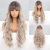 Hooux Ombre Brown Light Blonde Platinum Long Wavy for Women Middle Part Hair Wig Cosplay Natural Heat Resistant Synthetic Wig