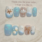 Hooux 10Pcs Blue Sea Summer Press on Nails with Hand Drawn Shell Pearl Starfish Designs Nail Art Reusable Handmade French False Nails