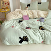 Hooux Bedding Set Super Soft Washed Cotton Towel Embroidery Duvet Cover Four Piece Set - Lucky Cat Series
