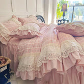 Hooux Vintage French Plaid Lace Ruffles 100% Cotton Bedding Set Duvet Cover Set Bed Sheet/Bed Skirt/Fitted Sheet Pillowcases 4Pcs