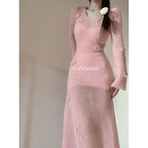 Hooux Spring Two Piece Sets Women Outfits Romantic Pink Handmade Hook Flower French Lazy Style Luxury Mohair Sweater Dress for Women