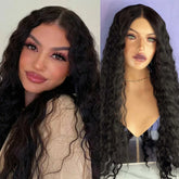 Hooux Jet Black Wig Deep Curly Lace Wig Synthetic Hair Lace Front Wig Natural Long Black Colored Lace Frontal Wigs for Women Party