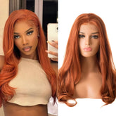 Hooux Long Wavy Hair Layered Synthetic Lace Front Wig Ginger Orange Curly Natural Wave Auburn Colored 13X4 Frontal Wigs for Women