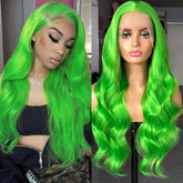 Hooux Long Curly Wavy Neon Green 13x4 Lace Front Wigs for Women Synthetic Hair Loose Body Wave Frontal Cosplay Party Colored Wigs