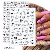 Hooux 2PCS/SET 3D Nail Sticker Heart Geometry Pattern Character Face Image Leaves Flower Black White DIY Nail Art Decoration