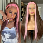 Hooux Brown Highlight Wig with Pink Streak Long Straight Synthetic Lace Front Wig 13X4 Brunette Colored Hair Frontal Wigs for Women