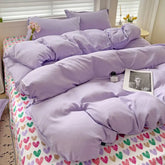 Hooux Purple Duvet Cover Set Ins Solid Color Korean Flat Sheet Pillowcases Bedding Set Girls Boys Queen Twin Szie Soft Bed Linens