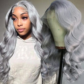 Hooux Silver Grey Lace Front Wig Synthetic Lace Wig Glueless Body Wave Long Wavy Silver Wig Body Wave Long Grey Hair Wigs for Women