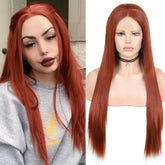 Hooux Copper Red Wig Long Straight Synthetic Lace Front Wig Glueless Reddish Brown Colored Wigs for Women Party Cosplay Hair Frontal