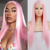 Hooux Pink Wig Long Straight Synthetic Lace Front Wig Glueless Wigs for Women Party Cosplay Ready to Wear Light Hair Lace Frontal Wigs
