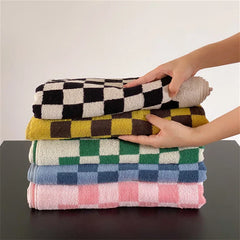 Hooux Classic Retro Color Matching Pure Cotton Skin-Friendly Towel Checkerboard Plaid Face Bath Towels Soft Absorbent Face Towel
