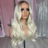 Hooux Ombre Brown Roots Platinum Blonde #60 Wavy Synthetic Black Women Wigs Natural Look Glueless 13x4 Lace Front Synthetic Hair Wigs
