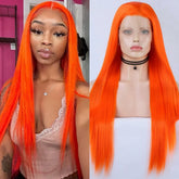 Hooux Orange Wig Straight Synthetic Lace Front Wig Glueless Wigs for Women Party Cosplay Ready to Wear Bright Neon Hair Lace Frontal
