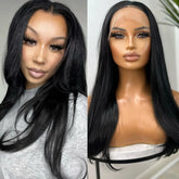 Hooux Long Black Wig Synthetic Lace Front Wig Natural Wavy Jet Black Long Straight Hair 13x4 Frontal Colored Wigs for Women Daily