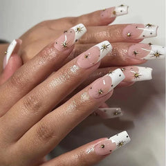 Hooux 24Pcs White French Fake Nails with Butterfly Rhinestone Design Short Ballet Press on False Nails Square Wearable Jelly Stick-ons