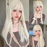 Hooux 26Inch Blonde Platinum Golden Synthetic Wigs With Bang Long Natural Straight Hair Wig for Women Hime Cut Cosplay Heat Resistant