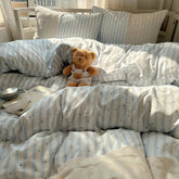 Hooux Striped Princess Bedding Set INS Nordic Girls Soft Washed Cotton Bed Flat Sheet Twin Queen Size Duvet Set Pillowcase Bed Linens