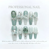 Hooux 10Pcs Long Ballet Handmade Green Press On Nails Coffin False Nails Flower Full Cover Decoration Artificial Wearable Nails Tips
