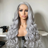 Hooux Silver Wig Loose Curly Synthetic Lace Wig Silver Grey Lace Front Wig Glueless Long Grey Curly Hair Lace Frontal Wigs for Women