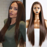 Hooux Brown Wig Long Straight Synthetic Lace Front Wig Glueless Brunette Hair Dark Chocolate Brown Lace Wigs for Women Party Cosplay